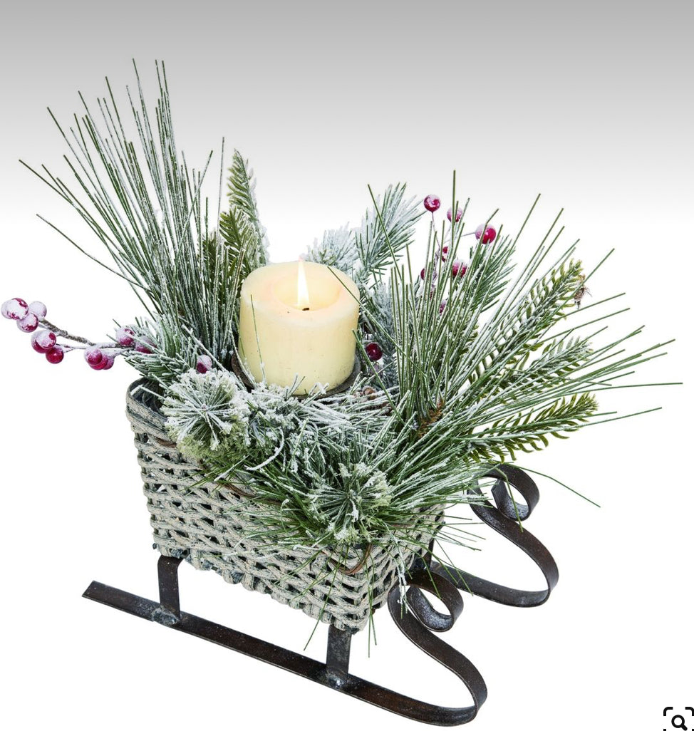 Metal Wood Christmas Sleigh Candle Holder