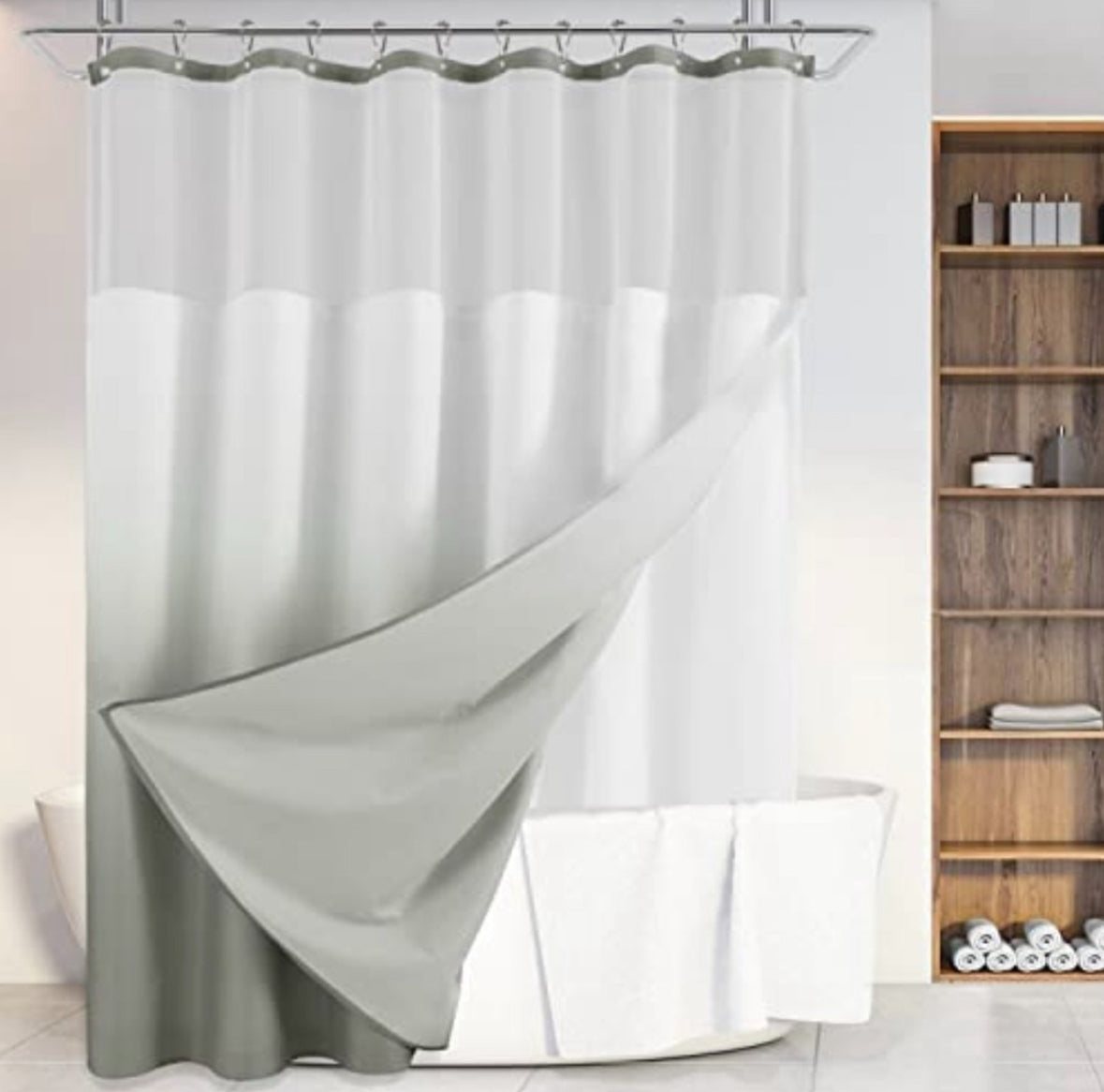 Light Grey Shower Curtain Set with Snap-in Fabric Liner