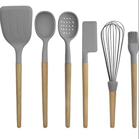 Country Kitchen 6 pc Non Stick Silicone Utensil Baking Set with Rounded Wooden Handles for Cooking & Baking