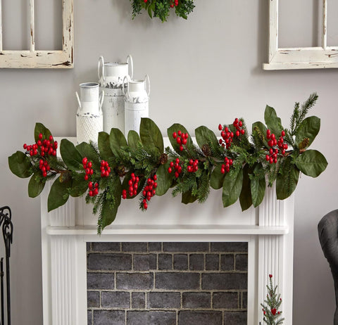 Nearly Natural Magnolia Leaves w/Red Berries Garland