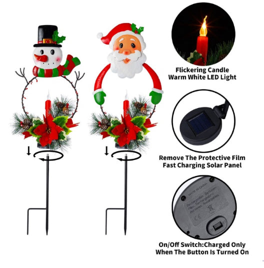 Christmas Solar Light Snowman & Santa Yard Stake 2Pk