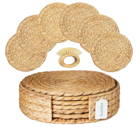 DecoraWell Round Woven Placemats Set of 6 with Bamboo Brush, Wicker Placemats