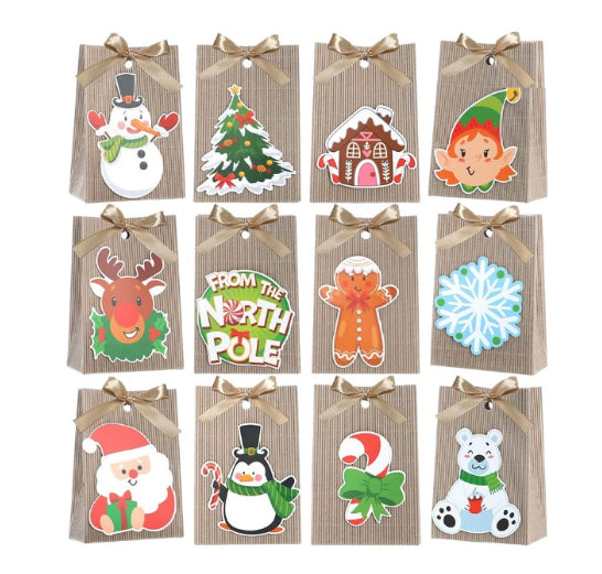 Christmas Kraft Paper Gift Bags w/Silk Ribbon Set/24