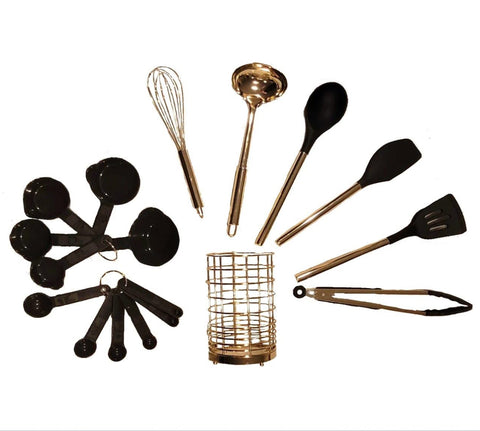 Golden and Black Silicone Utensil Set With Holder ,17 Pcs Luxury Kitchen Essential