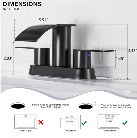 Waterfall Bathroom Sink Faucet 4 Inch Faucet 2 Handle Lead-Free Black