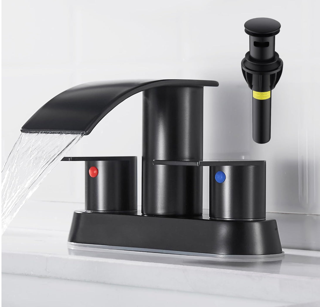 Waterfall Bathroom Sink Faucet 4 Inch Faucet 2 Handle Lead-Free Black