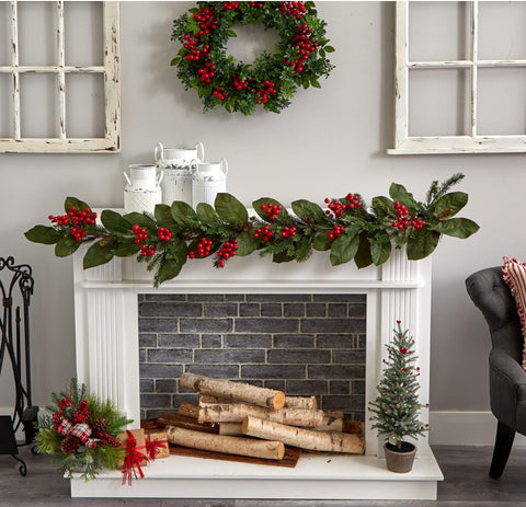 Nearly Natural Magnolia Leaves w/Red Berries Garland