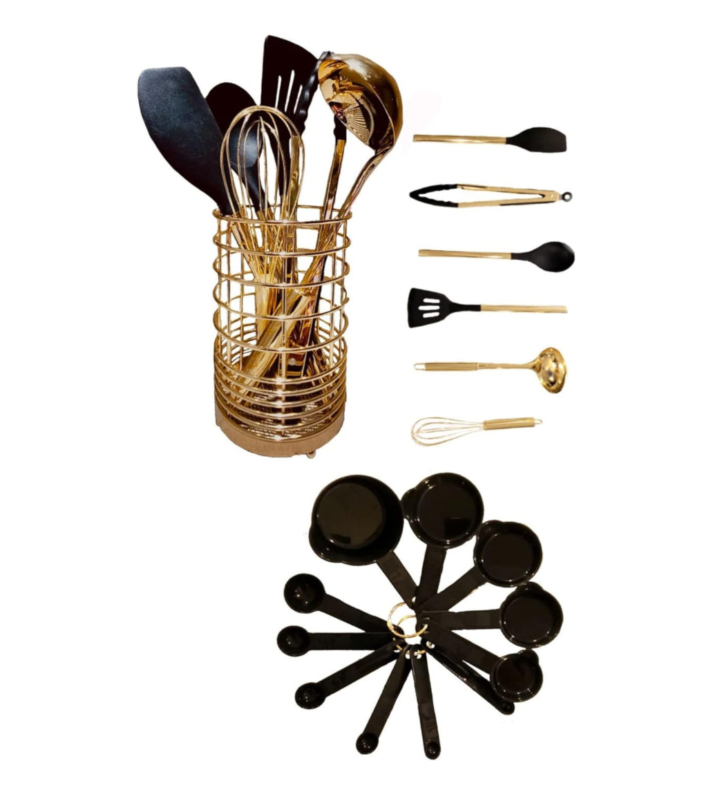 Golden and Black Silicone Utensil Set With Holder ,17 Pcs Luxury Kitchen Essential